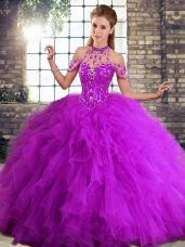 Admirable Purple Sleeveless Tulle Lace Up 15th Birthday Dress for Military Ball and Sweet 16 and Quinceanera
