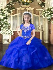 Royal Blue Tulle Lace Up Straps Sleeveless Floor Length Girls Pageant Dresses Beading and Ruffles