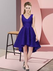 Elegant High Low Purple Court Dresses for Sweet 16 Lace Sleeveless Lace