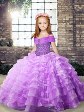 Lilac Organza Lace Up Little Girls Pageant Dress Wholesale Sleeveless Brush Train Beading and Ruffled Layers