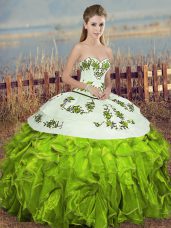 Floor Length Lace Up Sweet 16 Quinceanera Dress Olive Green for Military Ball and Sweet 16 and Quinceanera with Embroidery and Ruffles and Bowknot