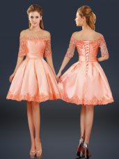 Satin Off The Shoulder Half Sleeves Lace Up Lace and Appliques Evening Dress in Peach