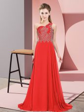 Excellent Sleeveless Floor Length Beading Side Zipper Prom Evening Gown with Orange Red