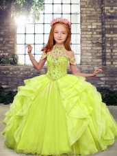 Fantastic Yellow Green High-neck Lace Up Beading Little Girl Pageant Dress Sleeveless