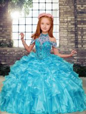 Floor Length Lace Up Little Girls Pageant Dress Aqua Blue for Party and Military Ball and Wedding Party with Beading and Ruffles