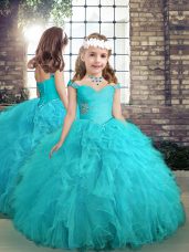 Aqua Blue Tulle Lace Up Straps Sleeveless Floor Length Pageant Dresses Beading and Ruffles