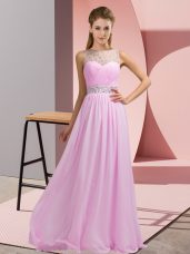 Decent Pink Sleeveless Floor Length Beading Backless Prom Dress