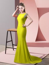 Sweet Yellow Green Elastic Woven Satin Backless High-neck Short Sleeves Evening Gowns Brush Train Beading