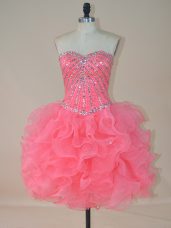 Sweetheart Sleeveless Dress for Prom Mini Length Beading and Ruffles Watermelon Red Organza