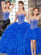 Three Pieces 15th Birthday Dress Royal Blue Sweetheart Tulle Sleeveless Floor Length Lace Up