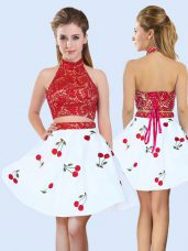 White And Red Halter Top Lace Up Lace and Pattern Dama Dress Sleeveless