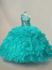 Exceptional Floor Length Aqua Blue Sweet 16 Dress Scoop Sleeveless Lace Up