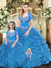 Stunning Floor Length Lace Up Quinceanera Gowns Blue for Military Ball and Sweet 16 and Quinceanera with Beading and Ruffles