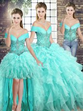 Cute Three Pieces Sleeveless Aqua Blue Quinceanera Dress Brush Train Lace Up