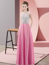 Scoop Sleeveless Dress for Prom Floor Length Beading Rose Pink Satin