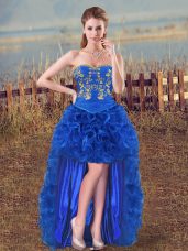 Sleeveless High Low Embroidery and Ruffles Lace Up Juniors Evening Dress with Royal Blue