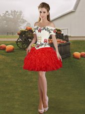 Sleeveless Organza Mini Length Lace Up Evening Dress in Red with Embroidery and Ruffles