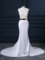 Elastic Woven Satin Sleeveless Wedding Gowns Brush Train and Appliques and Sashes ribbons