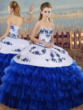 Royal Blue Sleeveless Floor Length Embroidery and Ruffled Layers Lace Up Sweet 16 Dress