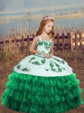 Attractive Floor Length Turquoise Pageant Gowns For Girls Organza Sleeveless Embroidery and Ruffled Layers
