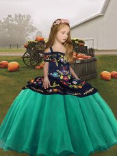 Cheap Turquoise Ball Gowns Embroidery Little Girl Pageant Dress Lace Up Organza Sleeveless Floor Length