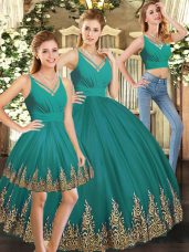 Turquoise Three Pieces Embroidery Quince Ball Gowns Backless Tulle Sleeveless Floor Length