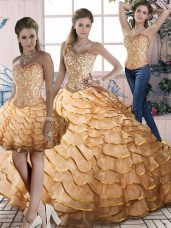 Pretty Gold Lace Up 15 Quinceanera Dress Beading and Ruffles Sleeveless Brush Train