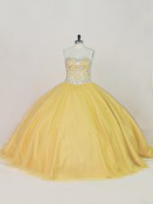 Smart Tulle Sweetheart Sleeveless Lace Up Beading Quinceanera Gown in Gold