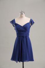 Comfortable Mini Length Blue Prom Dresses Chiffon Sleeveless Ruching