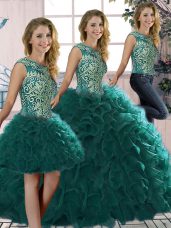 Peacock Green Organza Lace Up Quince Ball Gowns Sleeveless Floor Length Beading and Ruffles