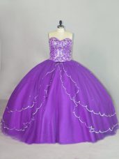 Purple Sleeveless Tulle Brush Train Lace Up 15th Birthday Dress for Sweet 16 and Quinceanera