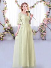 Floor Length Yellow Green Quinceanera Dama Dress Scoop Half Sleeves Side Zipper