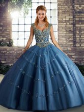 Excellent Sleeveless Floor Length Beading and Appliques Lace Up Quinceanera Dresses with Blue
