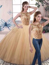 Comfortable Gold Sweet 16 Dress Military Ball and Sweet 16 and Quinceanera with Beading Scoop Sleeveless Lace Up