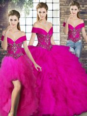 Discount Off The Shoulder Sleeveless Lace Up Sweet 16 Dresses Fuchsia Tulle