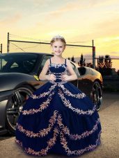 Embroidery High School Pageant Dress Navy Blue Lace Up Sleeveless Floor Length