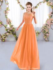 Fantastic Orange Empire Scoop Sleeveless Chiffon Floor Length Zipper Lace Bridesmaids Dress