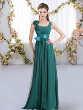 Chiffon Straps Sleeveless Zipper Belt and Hand Made Flower Damas Dress in Peacock Green