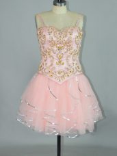 Pink Lace Up Spaghetti Straps Beading and Ruffles Prom Dresses Tulle Sleeveless