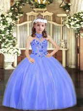Latest Sleeveless Floor Length Appliques Lace Up Little Girl Pageant Gowns with Blue