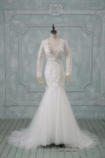 New Arrival Tulle Long Sleeves Wedding Gown Brush Train and Lace