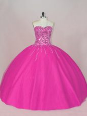 Dazzling Asymmetrical Fuchsia Ball Gown Prom Dress Tulle Sleeveless Beading