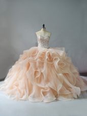 Champagne and Pink And White Organza Lace Up Sweetheart Sleeveless Sweet 16 Dress Brush Train Beading and Ruffles