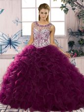 Clearance Dark Purple Ball Gowns Beading and Ruffles 15 Quinceanera Dress Lace Up Organza Sleeveless Floor Length