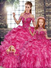 Deluxe Organza Sleeveless Floor Length Quinceanera Gowns and Beading and Ruffles