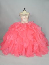 Floor Length Lace Up Sweet 16 Dresses Watermelon Red for Sweet 16 and Quinceanera with Beading and Ruffles