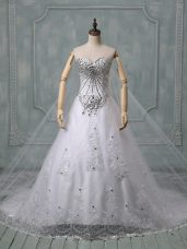 Stylish Lace Up Wedding Gown White for Wedding Party with Beading and Lace Chapel Train