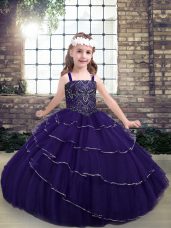 Sleeveless Floor Length Beading Lace Up Little Girls Pageant Dress Wholesale with Purple