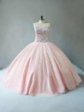 Peach Tulle Lace Up Sweetheart Sleeveless Floor Length Sweet 16 Dress Beading