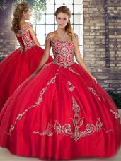 Fashionable Floor Length Red Sweet 16 Dress Off The Shoulder Sleeveless Lace Up